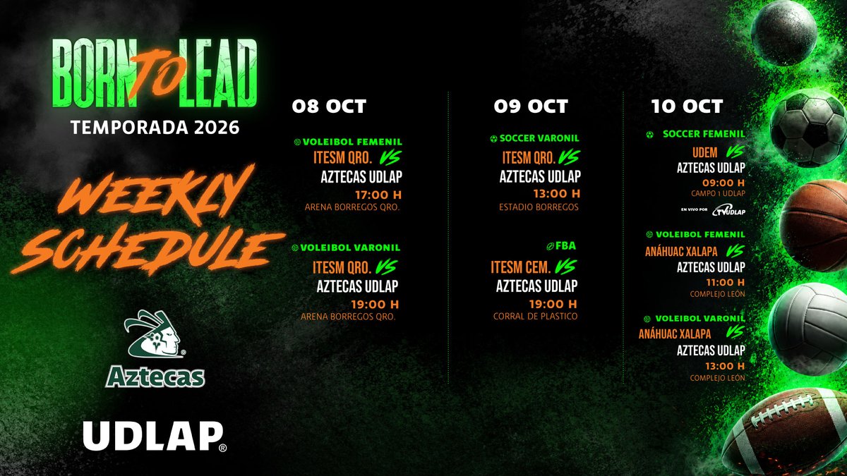 aztecasudlap's tweet photo. Se viene una nueva jornada de competencia y nuestros equipos están listos para dejarlo todo en la cancha. 🏐⚽🏈 Revisa el calendario y acompaña a los Aztecas UDLAP en cada partido. #TodosSomosAztecas #AztecasUDLAP #BornToLead https://t.co/QQE528ejJI
