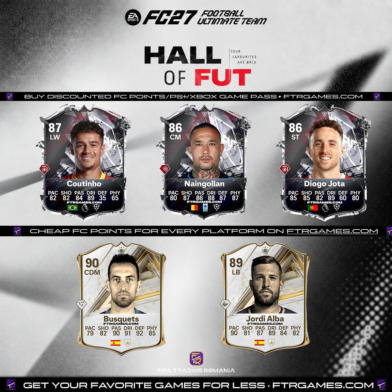 Coutinho, Diogo Jota, Nainggolan, Busquets and Jordi Alba in FC 27