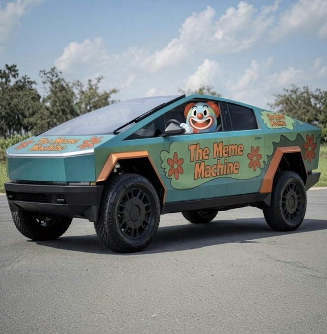 An AI-generated image of a teal and orange Tesla Cybertruck decorated with flower decals and 'The Meme Machine' text, with a creepy clown face in the driver's seat.