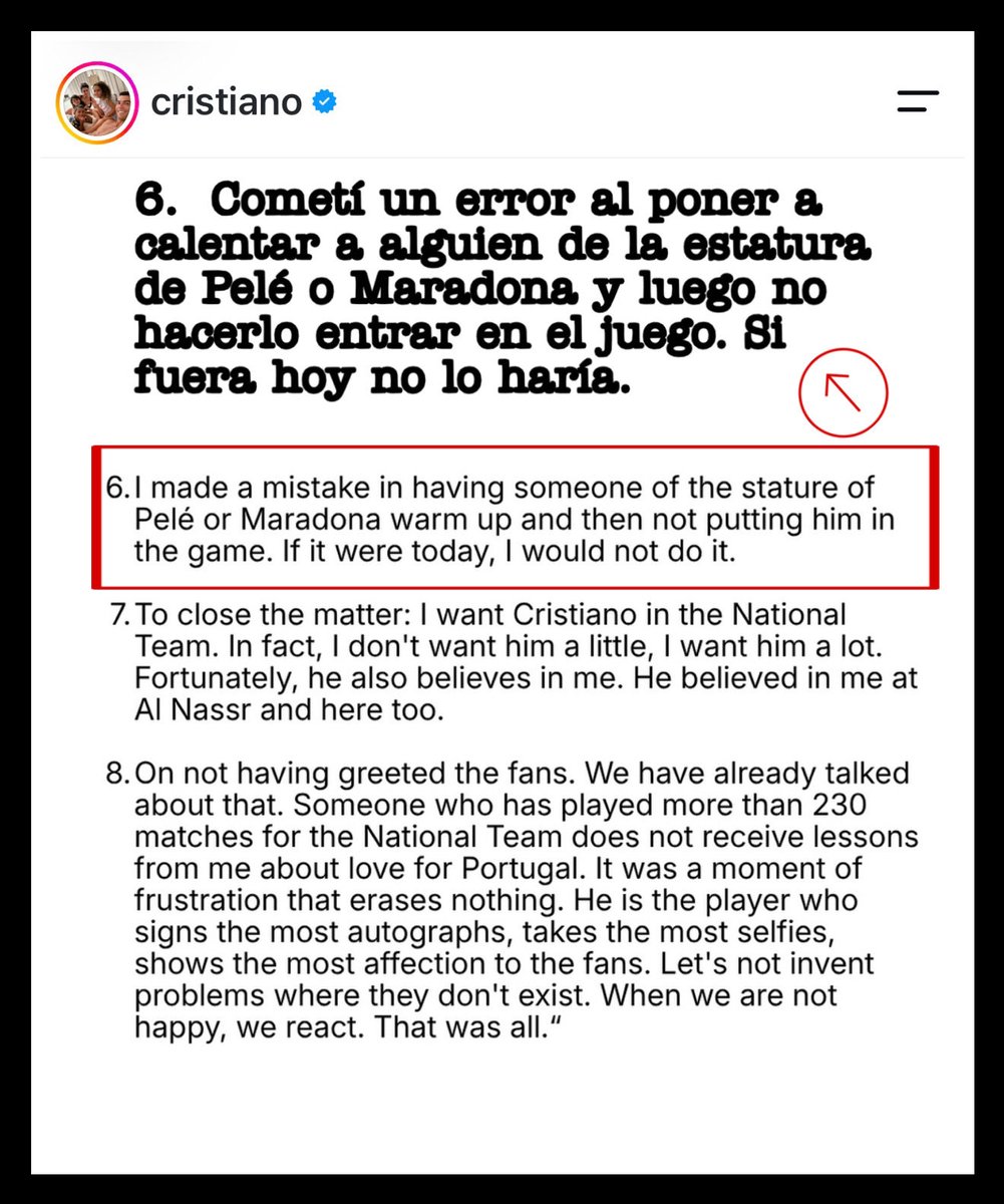 Cristoffede's tweet photo. Realmente no puedo creerlo. Cristiano Ronaldo admitió en una carta que le armó un texto a Jorge Jesus para que lo leyera en público, se expusiera a sí mismo por haberlo hecho calentar y no jugar y, entre 8 puntos, en uno se ponía a la altura de Pelé y Maradona. Un delirante. https://t.co/DCWBOTHKgt