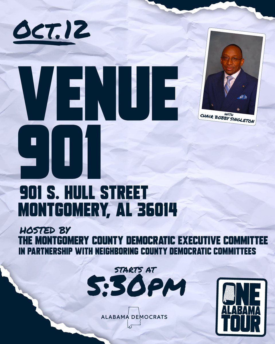 aldemocrats's tweet photo. Montgomery County we are in Venue 901 tomorrow, 5:30PM, for the One Alabama Tour.
#OneAlabama #BlueWave26 https://t.co/Bl7pmwNH5p