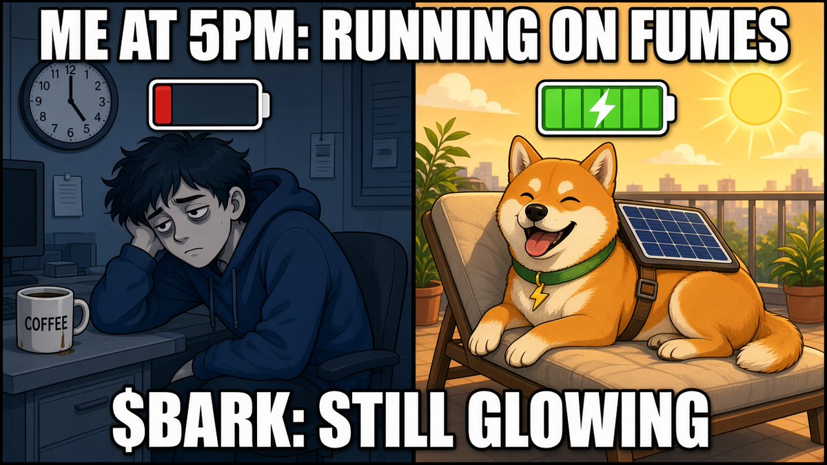 Barksolardog's tweet photo. Me at 5PM: running on fumes ☕🪫 $BARK: still glowing ☀️🔋 #Solana #SolarPunk #memecoin https://t.co/SZ6pS49ezk