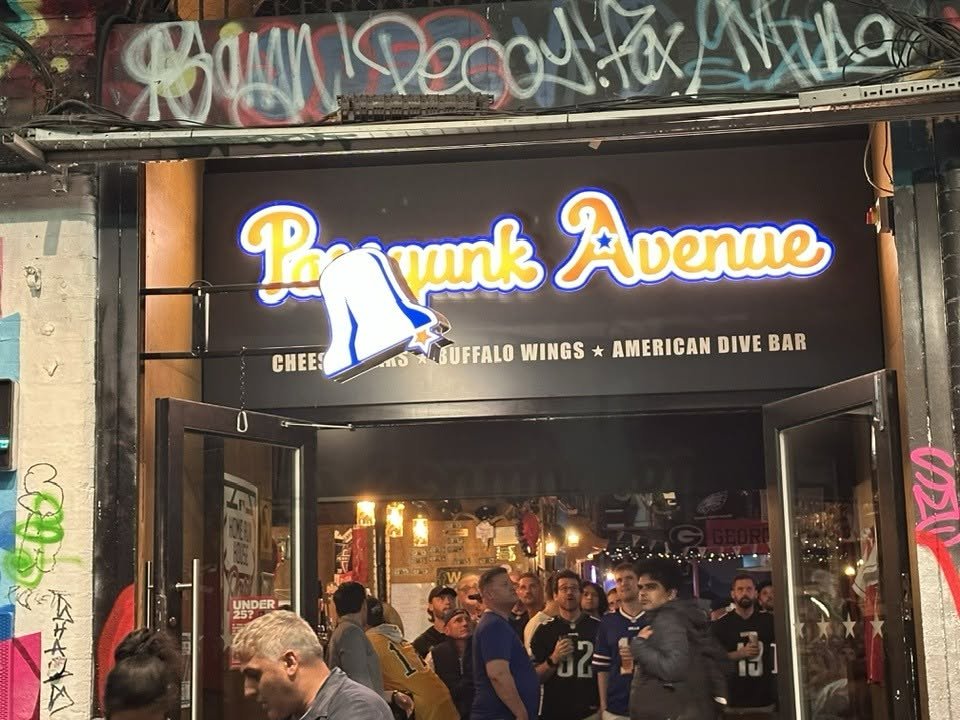 HartranftErik's tweet photo. For the Philadelphia Eagles fans heading to London for the game this weekend, a must stop is Passyunk Avenue in the Waterloo section of London.  All Philly fans at all hours of the day.  Enjoy the trip and Go Birds https://t.co/H8Su6J4Ucu