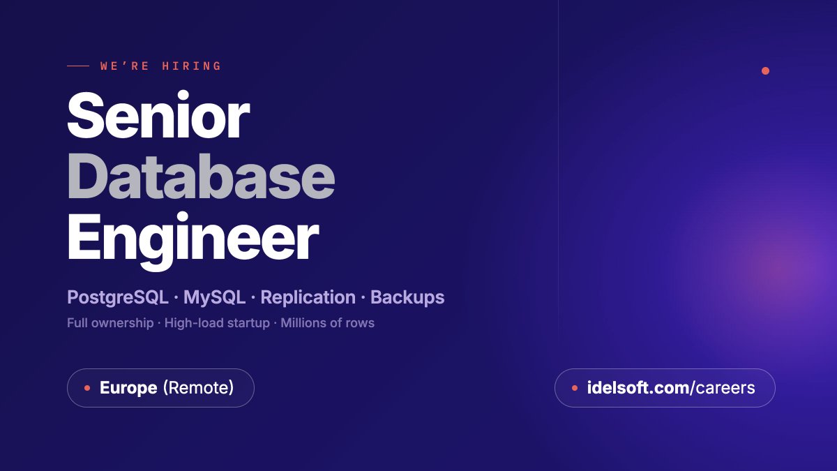 idelsoft's tweet photo. 🚀 We're hiring a Senior Database Engineer
You'll own our production databases and keep them reliable, fast and ready to grow with us.
🛠️ PostgreSQL &amp; MySQL
🔍 Spot issues early and see every fix through
📍 Based in Europe

👉 Apply here: https://t.co/AEoHtu6n7e https://t.co/zoScvfvG25