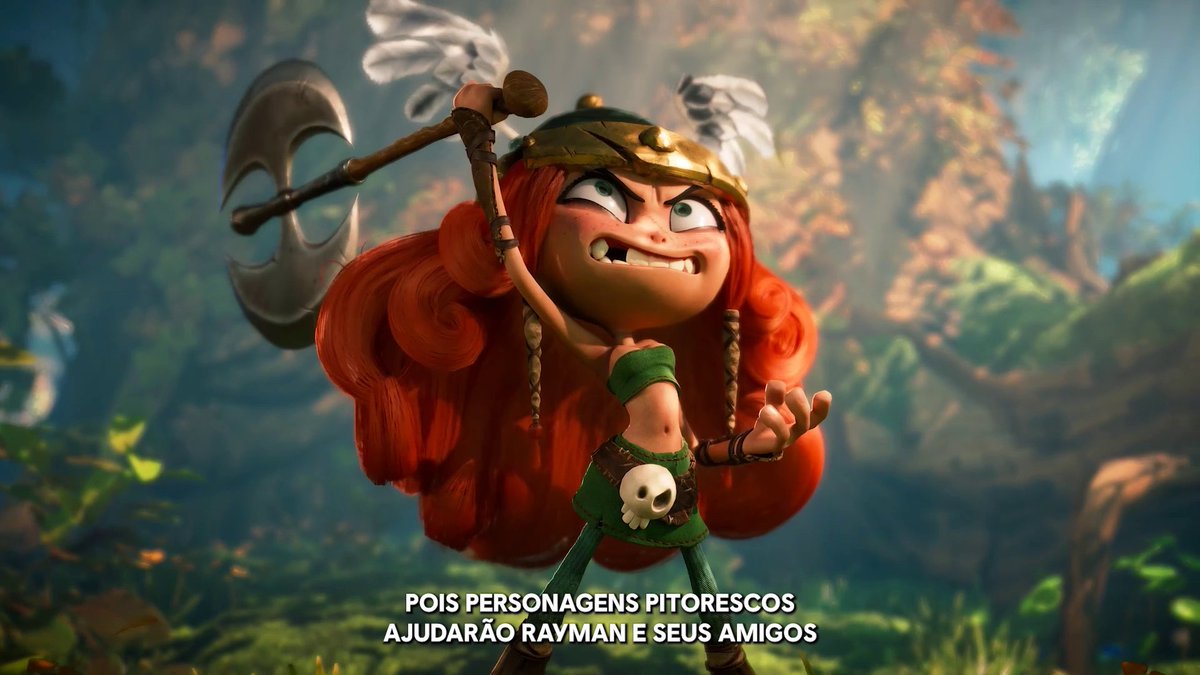 A 3D animated red-haired warrior girl wielding a double-bladed axe, with Portuguese subtitles reading 'POIS PERSONAGENS PITORESCOS AJUDARÃO RAYMAN E SEUS AMIGOS'.