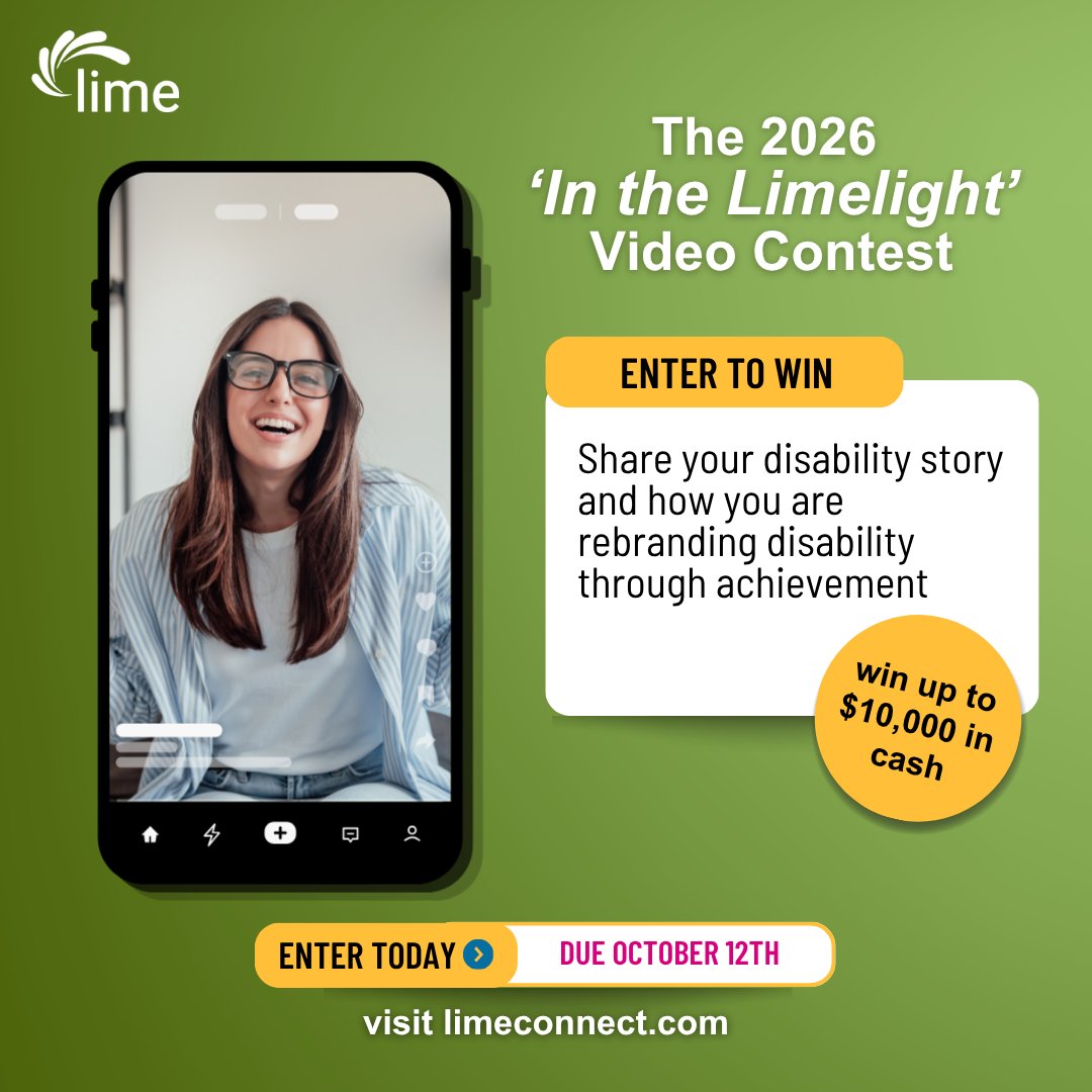 limeconnect's tweet photo. 🎥 Your story deserves the limelight!

The annual LimeConnect #InTheLimelight Video Contest is back. Share your disability story + how you’re rebranding disability through achievement.

🏆 Win up to $10,000
📅 Enter by Oct. 12
🌎 U.S. + Canada
Learn more: https://t.co/AyibYHA5zs https://t.co/C3oOyBhK9g
