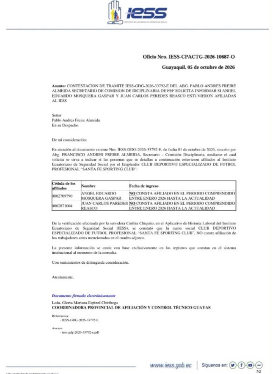 freddypasquelm's tweet photo. Aquí el documento del IESS. Los jugadores Mosquera y Paredes no constan afiliados por el club Santa Fe. 
Deportivo Quito y el fútbol ecuatoriano esperan la resolución de la Comisión de Disciplina de la FEF para la continuación de la Segunda categoría 
@fmolestinan https://t.co/WqyqsV1iYe