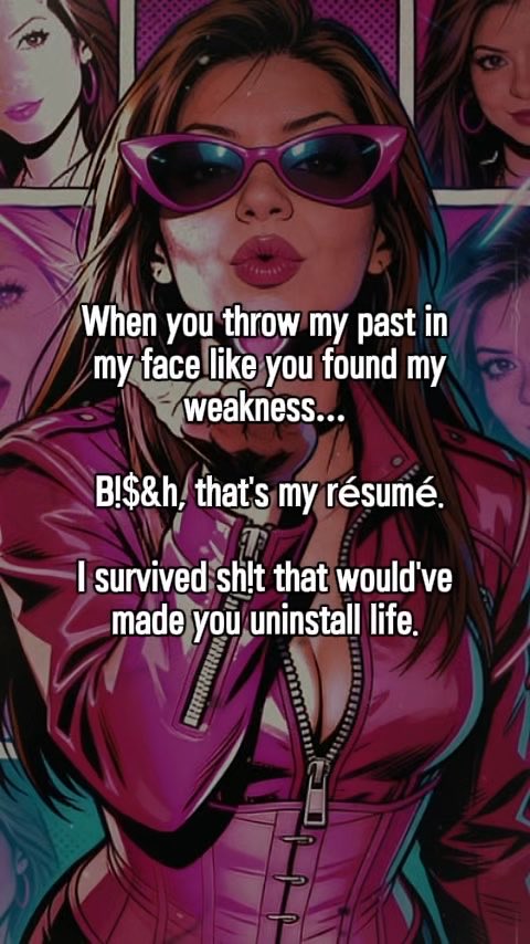 An illustrated image of a woman wearing pink sunglasses and a pink jacket with the text 'When you throw my past in my face like you found my weakness... B!$@h, that's my résumé. I survived s#!t that would've made you uninstall life.'