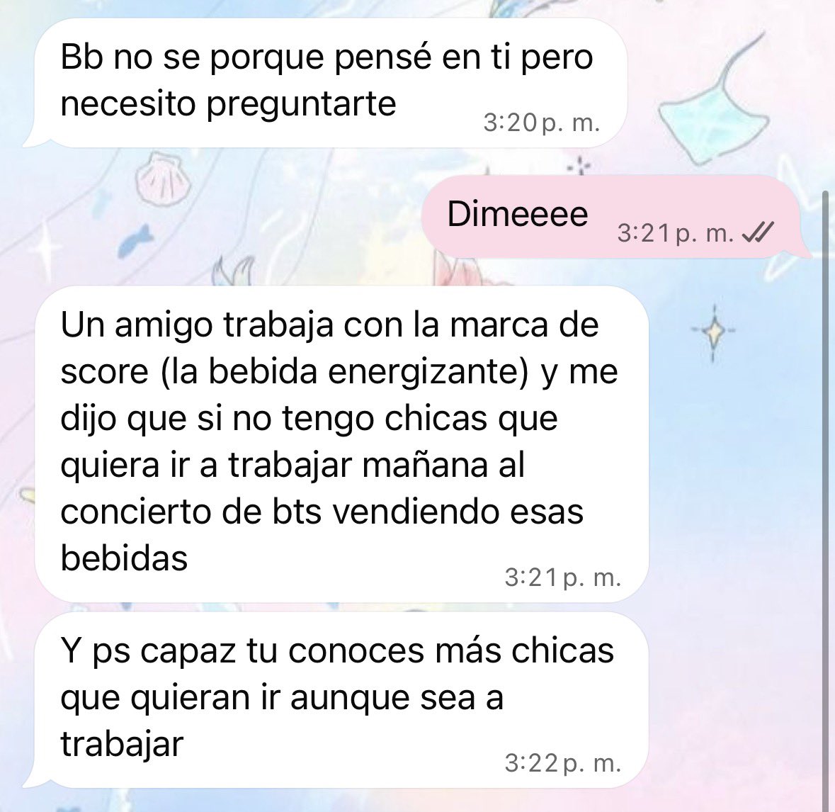 bubaliee's tweet photo. OPORTUNIDAD DE TRABAJO‼️ 
Vendiendo bebidas afuera del estadio donde se presentarán los biti lamentablemente no adentro ☹️ pero si alguien quiere me avisa ☝️ https://t.co/RlEJ3LDFbb