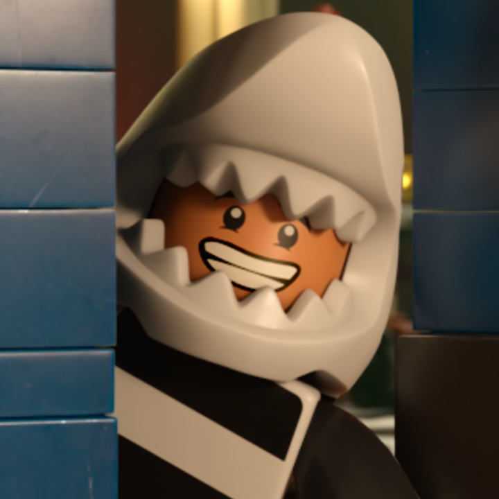 A LEGO figure is shown in a gray shark costume, with a smiling orange face visible between the sharp teeth of the shark hood, peeking out from behind blue tiled walls in a playful scene that fits the post's declaration of becoming a "shark-head guy" fan account.