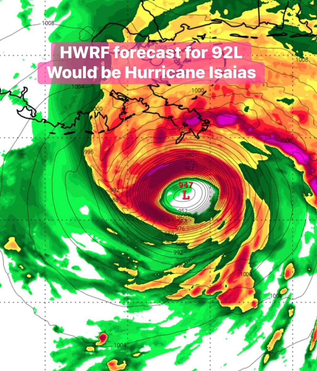 ReedTimmerUSA's tweet photo. The HWRF model shows 92-L strengthening into a major Hurricane Isaias on approach to the central Gulf Coast the night of October 9

This is a high ceiling outlier, but over the years, I have learned to hedge a little stronger with intensity forecasts for Gulf of Mexico tropical cyclones. 

Team #Dominator is working on a storm chase plan for this storm. 

We will be watching closely