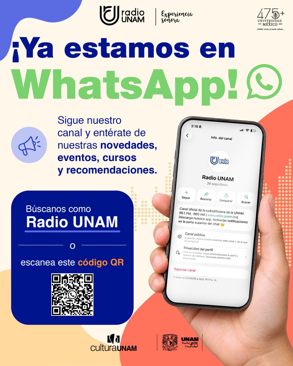 RadioUNAM's tweet photo. La información de #RadioUNAM llega directamente a tu teléfono. 📲
Forma parte de nuestro canal de WhatsApp y conoce nuestros cursos, programas, podcasts y eventos culturales.
🔗 https://t.co/7gkhaZ8EXO https://t.co/eo18iBVQMA