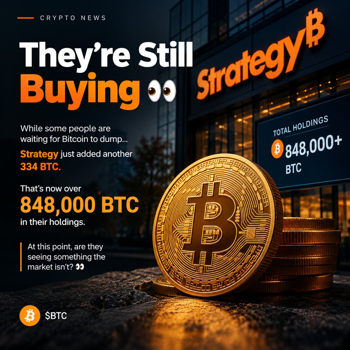 msagir602's tweet photo. They’re Still Buying 👀

While some people are waiting for Bitcoin to dump…

Strategy just added another 334 BTC. 🟠

That’s now over 848,000 BTC in their holdings.

At this point, are they seeing something the market isn’t? 👀

$BTC https://t.co/sUiewwfwsJ