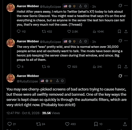 MadamSavvy's tweet photo. (show and tell 🧵🧵) Hi Aaron, representative from @SEGA @sonic_hedgehog  @SonicOfficialJP who is handling the new discord

It would appear you remove people who use "ai" from the ability to chat, but without any sort of "moderation" notice. They just simply cannot type. 

on top of that, you have a lot of people celebrating murder and assassination, even going as far as to ask for @MiiaTzu to be shot- echoing sentiments of @emzberry who also wants people she doesnt like shot as well. 

weird how a lot of violent extremists and Chris Chan of all people, are allowed in here but someone who says "i like silver the hedgehog" isnt, nor is discussion about Sega's latest AI news. 

This is a discord geared towards children and people are also asking about pornographic content. Yuri is not for children. Nor is celebrating assassination. 

@KazuyukiHoshino
@moq_46
@Ohtanitter