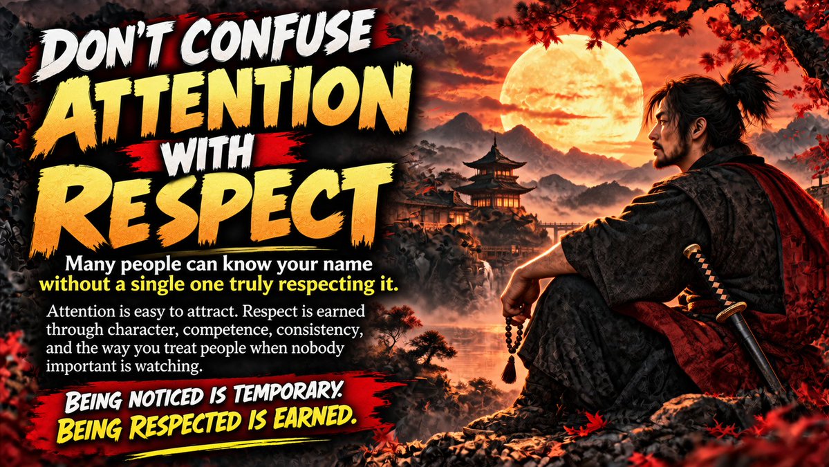 TheInnerPath_'s tweet photo. Many people can know your name without truly respecting it. Attention is easy to attract, but real respect is built through character, competence, consistency, and how you treat others.
Being noticed is temporary. Being respected is earned.
#Wisdom #SamuraiWisdom #Respect #SelfMastery #InnerPath #LifeLessons #Mindset