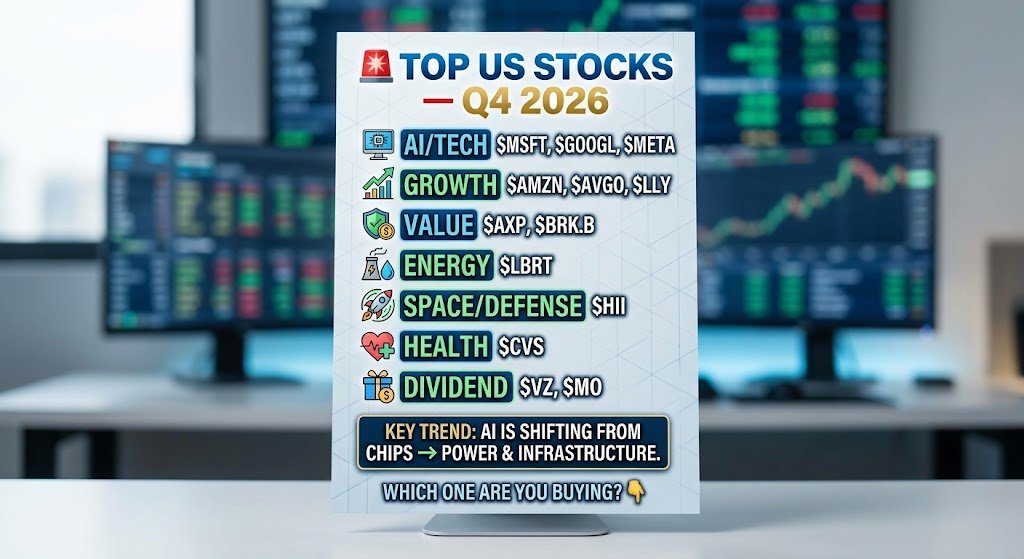 VictorTrade_'s tweet photo. 🚨 Top US Stocks — Q4 2026

AI/Tech: 
$MSFT
$GOOGL
$META 

Growth: 
$AMZN
 $AVGO
 $LLY

Value: 
$AXP
 $BRK.B

Energy: 
$LBRT

Space/Defense: 
$HII

Health: 
$CVS

Dividend: 
$VZ
 
$MO

Key trend: AI is shifting from chips → power &amp; infrastructure.
Which one are you buying? 👇 https://t.co/3uwgVya8HS