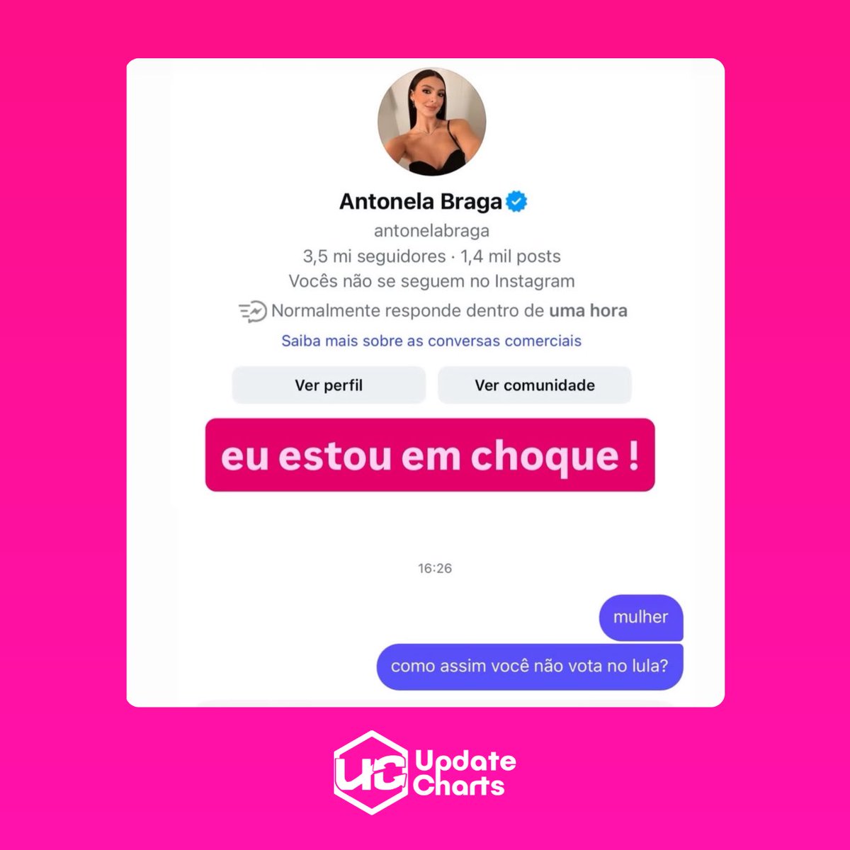 updatecharts's tweet photo. SOCORRO! Malévola mandou uma mensagem para Antonela Braga:

“Mulher, como assim você não vota no Lula?” https://t.co/3qYNu0q8cm