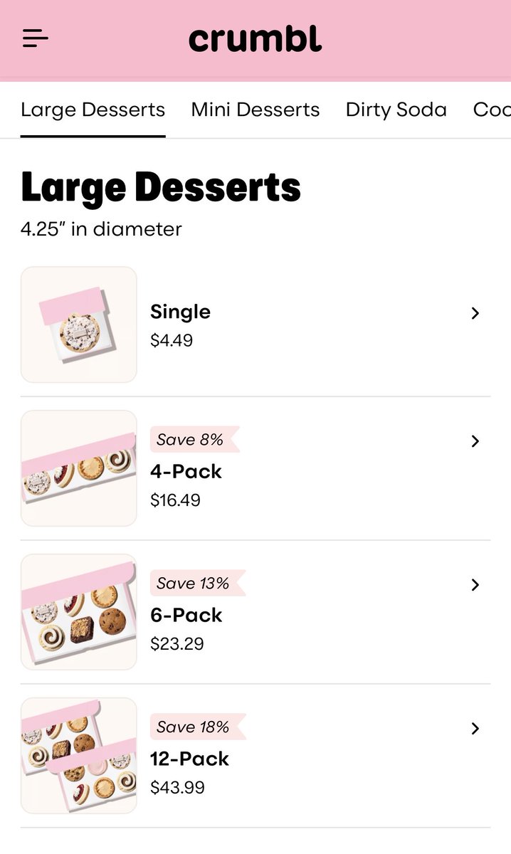 Jacobhess's tweet photo. The cookies are huge and taste great but at $4.50 (before tip) it is a lot for a single cookie.

Yes, I know you can get mini’s in a 3 pack for $9.99 but it’s basically the same “volume” of cookie as a single, you just pay 2x.

Oddly, last year I made a lot of chocolate chip cookies for a competition and I could get crumbl clone chocolate chip cookies made for about $1.85, (with high quality chocolate, which I only mention because the chocolate is like 2/3 of the total cost).

I would think most of their cookies don’t cost nearly that to make (chocolate and vanilla happen to be an expensive), and they probably get a much better deal on chocolate than I do going and paying full price at the grocery store for a premium brand. 

Long story short, (as I truly wish them the best, and I understand they need to pay for the store, employees, franchise fees, etc, but) it’s just tough to justify spending premium on what the kids see as “a cookie” for my family of 5.

I’m probably not the target demographic though, haha.