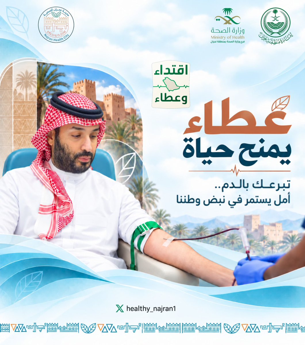 healthy_najran1's tweet photo. يُلهمنا سمو ولي العهد جميعاً للمبادرة بالخير وتقديم يد العون وإنقاذ الأرواح.
كن جزءًا من عطاء وطن وبادر بالتبرع بالدم.

#حملة_ولي_العهد_للتبرع_بالدم
#مدينة_نجران_الصحية https://t.co/0yCLQYDnWz
