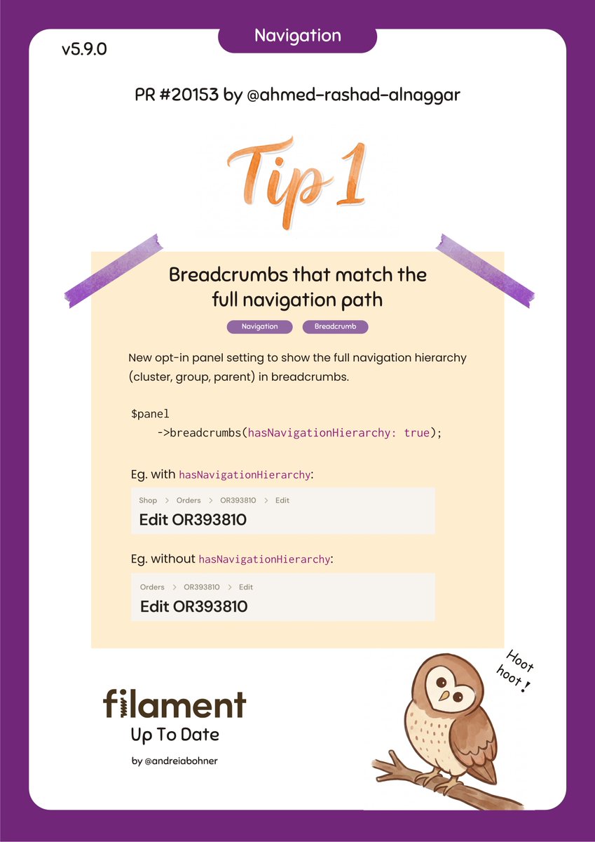 andreiabohner's tweet photo. @filamentphp Filament Up to Date #1 ✨🦉

Breadcrumbs that match the full navigation path

PR #20153 by ahmed-rashad-alnaggar (on GitHub)
https://t.co/h8VsWfy2xK

More tips: https://t.co/oGXt97clBh

#FilamentUTD #PHP https://t.co/a9OGi6B9ip