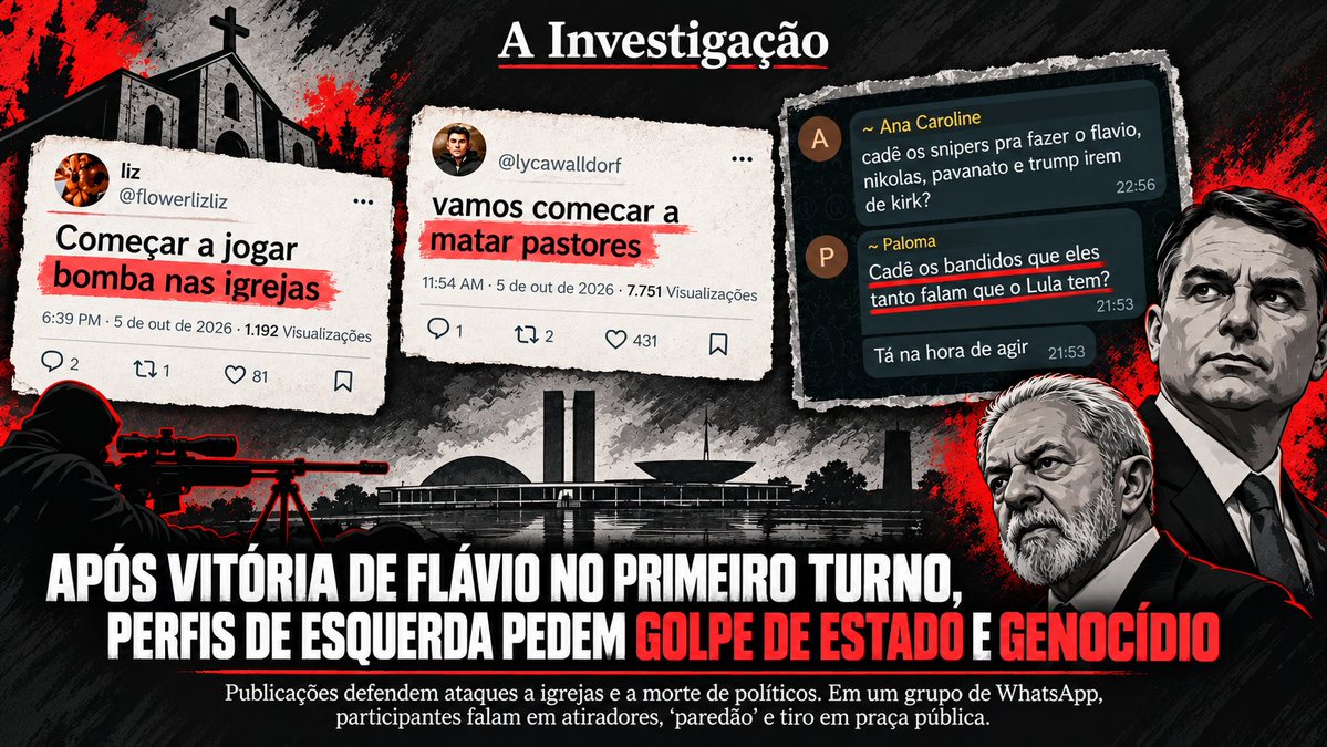 david_agape_'s tweet photo. Nesse domingo, Flávio Bolsonaro venceu o primeiro turno das eleições. Parte da esquerda nas redes não aceitou o resultado. 

Logo depois da apuração, houve pedidos para Lula dissolver o Congresso violentamente, decretar estado de sítio e anular a eleição. Um perfil disse para seguir o exemplo de Daniel Ortega, que cancelou o pleito na Nicarágua para a direita não chegar ao poder.

A mesma militância que pediu voto de cristão passou a pedir a morte de pastores, tacar fogo em igrejas e em candidatos. Uma influenciadora incitou a criação de um “Hamas brasileiro”. Outra falou em “genocídio” se Lula perder. 

Houve quem propusesse uma revolução cultural três vezes mais violenta que a chinesa, que matou mais de um milhão de pessoas, e quem sugerisse como “solução” o exepmplo da execução da família do czar pelos bolcheviques, crianças incluídas.

Em grupos de WhatsApp analisados pela reportagem, participantes falaram em atiradores contra Flávio Bolsonaro (@FlavioBolsonaro), Nikolas Ferreira (@nikolas_dm), Lucas Pavanato (@lucaspavanato) e a deputada estadual eleita Eduarda Campopiano (@DudaCampopiano); repetindo no Brasil o assassinato de Charlie Kirk.

https://t.co/pcB6NYnRlE