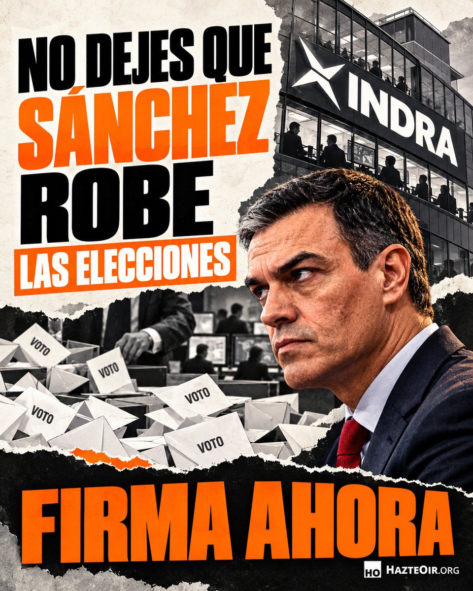 hazteoir's tweet photo. 🚨 ESCÁNDALO / INDRA

⚠️ El adelanto electoral al 29N impide abrir a la competencia el recuento, que seguirá con Indra.

💣 Sí, Sánchez ha convocado elecciones y el recuento lo controlará SU Gobierno a través de Indra, en una caja negra que NADIE puede vigilar.

🗳️ Tu voto, el de tu familia y el de tus amigos pasarán por un sistema contratado por Marlaska y auditado A PUERTA CERRADA.

🕵️ Y a pocas semanas de votar, han apartado al CNI para quedarse ellos al mando. ¿Casualidad? Con Sánchez, NUNCA.

☠️ Y lo peor: en el censo pueden colarse votos que el Supremo YA suspendió por la Ley de Nietos.

⏳ Si la JEC no actúa antes de que se cierren las listas, será DEMASIADO TARDE y no habrá vuelta atrás.

👉 FIRMA AHORA y di NO al recuento a oscuras de Sánchez e Indra antes de que te roben el voto.

✍️ Firma aquí: https://t.co/Sp8igEfS1P