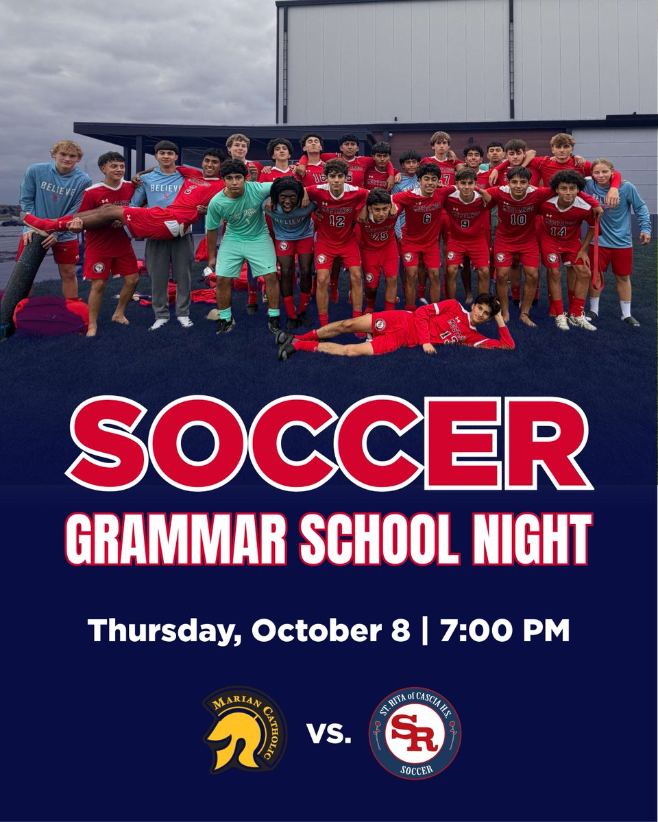 StRitaHS's tweet photo. 🚨 2 DAYS AWAY! 🚨

Last call for all grammar school students to register for Soccer Grammar School Night this Thursday! Come out to Doyle Stadium and cheer on the Mustangs as they take on the Marian Catholic Spartans. ⚽️

Register today: https://t.co/E6VRBMl2Bv https://t.co/v3Dq1ukAEI