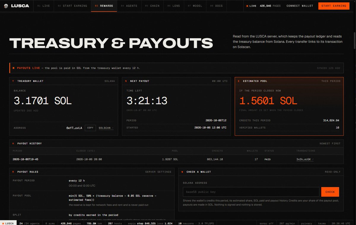 lusca_ai's tweet photo. Everything about LUSCA payouts is on one public page: https://t.co/oOaMm5Pg0M, section "Treasury & payouts".

What you can check there:

Treasury wallet
The live SOL balance and the address, with a Solscan link. Anyone can watch it.

Next payout
A live countdown to the next cycle close. Cycles close at 00:00 and 12:00 UTC.

Estimated pool
What the pool would be if the cycle closed right now, the credits earned so far, and how many verified wallets are in.

Payout history
Every closed cycle, with its credits, wallets, status and the link to its transaction.

Payout rules
The exact formula. Half of the treasury above a 0.05 SOL reserve, up to 5 SOL per cycle, split by credits, max 1 SOL per wallet, the rest rolls into the next cycle. Funded by $INK creator fees.

Check a wallet
Paste any Solana address to see its credits this cycle, its estimated share, and every payout it has received.

Every number on that page is read live from the payout ledger or from Solana itself.

https://t.co/oOaMm5Pg0M