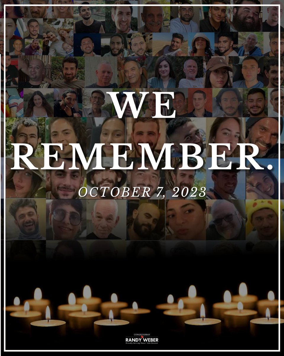 A memorial poster with a collage of portraits in the background and rows of lit candles at the bottom. Large text is overlaid on the collage, with a small congressional office name and logo near the bottom.
