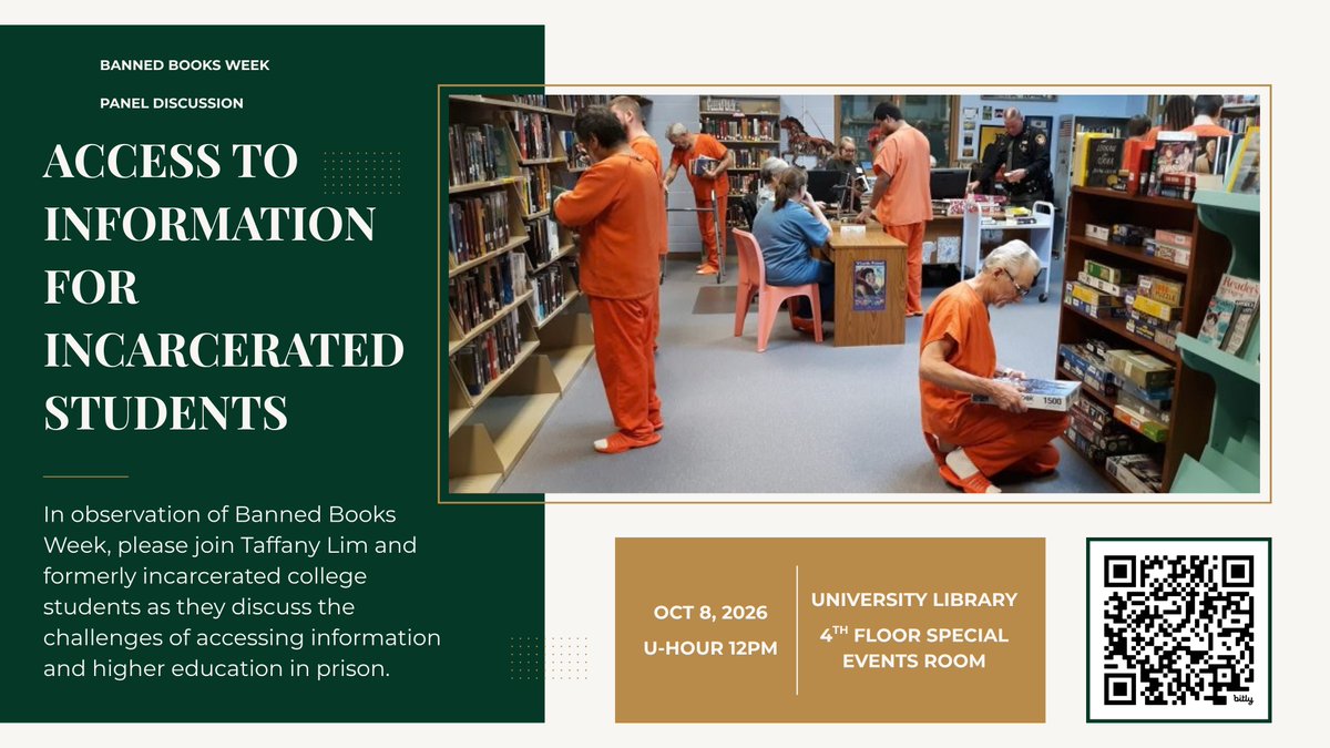 cpplibrary's tweet photo. 📚 Join us for a Banned Books Week panel on access to information for incarcerated students.

Hear from Taffany Lim &amp; formerly incarcerated college students.

📅 Oct. 8 | 12 PM
📍 Library, 4th Floor Special Events Room

🔗 https://t.co/zxlbrEWFCR https://t.co/l4yUUyJbZu