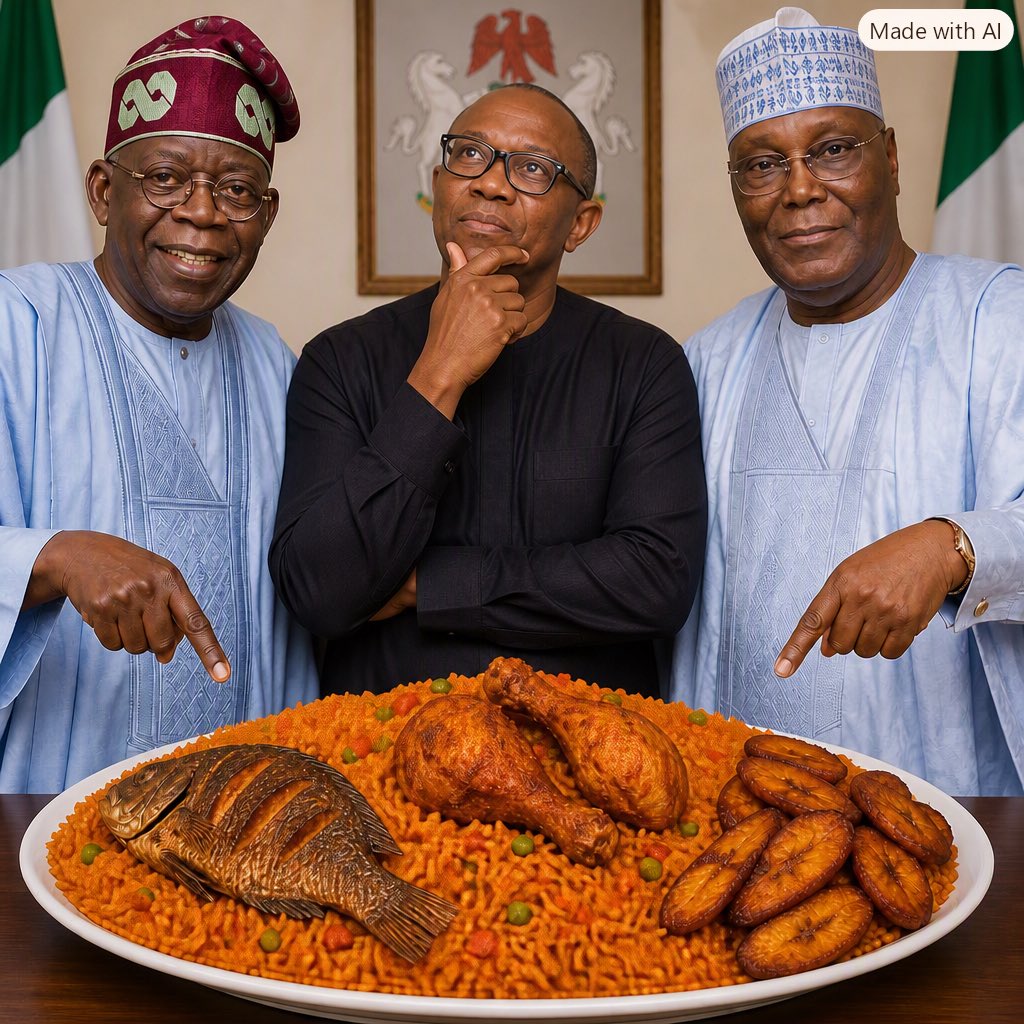 tudobams's tweet photo. TINUBU, ATIKU & OBI SUBSIDY PLANS EXPLAINED WITH JOLLOF RICE.

TINUBU: Announce publicly the food is finished; but move the Jollof rice in takeaway packs for yourself and friends.

ATIKU: Move the Jollof rice and serve it to yourself and your friends; then pretend to be serving it to Nigerians.

OBI: Carry the Jollof rice and serve it DIRECTLY to Nigerians.