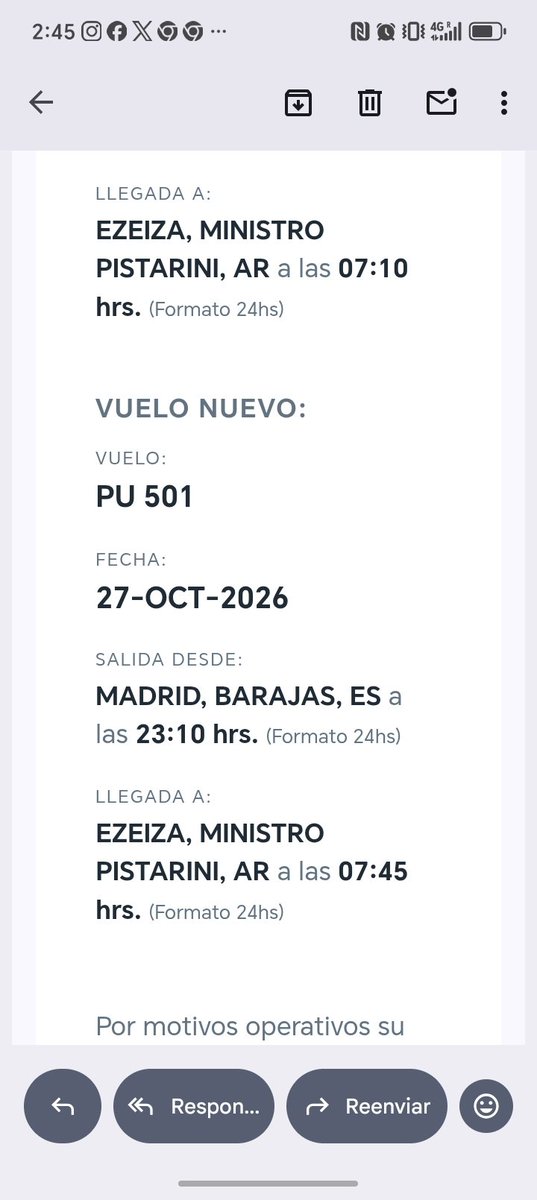 barichacho's tweet photo. @SirChandlerBlog Me pasaron el vuelo una semana y no hay forma de comunicarse con ellos.. Del. 20 al 27 de octubre el regreso desde Madrid a Ezeiza. Son horribles https://t.co/LBlYhXCIYg