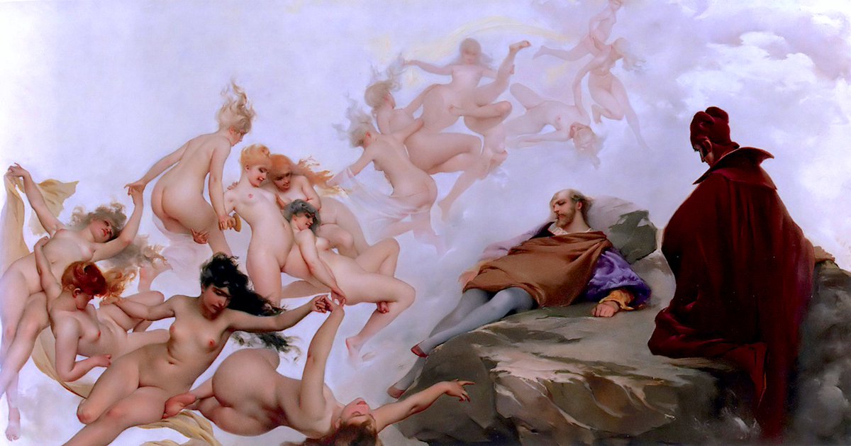 X_ArtGallery's tweet photo. Luis Ricardo Falero - The Dream of Faust, 1880

Faust is surrounded by pleasures.

Falero turned Goethe’s Faust into a vision of naked bodies, magic and desire.

In Falero’s world, demons and erotic figures inhabit the same space.

It reflects the 19th-century fascination with occultism, magic and the supernatural.