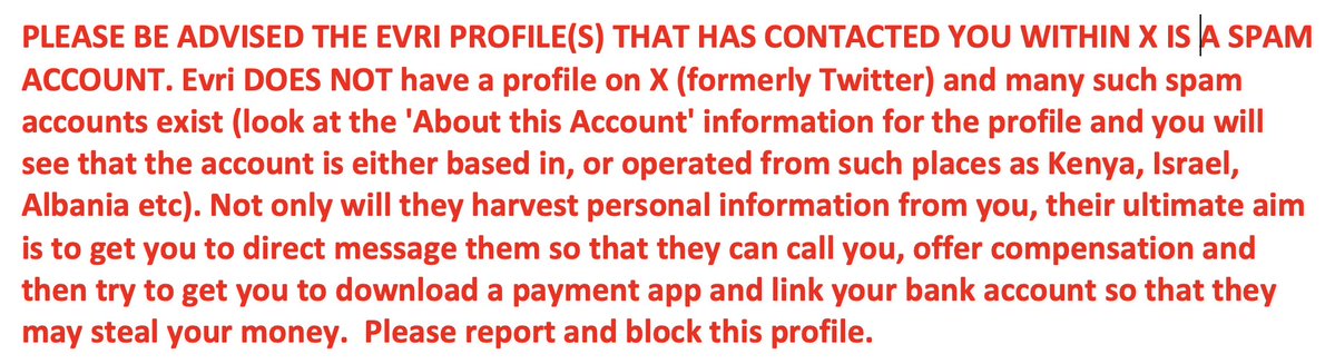 Jackson1Terry's tweet photo. @Coypu1982 @XEvriHelpTeam @daizee_x Hi. You might already be aware, but please be advised that the Evri profile that has contacted you to offer help is a spam profile (see attached).  Sadly, there are many profiles like this plying their thieving trade on X. Best wishes. https://t.co/ekUqFmxKFx