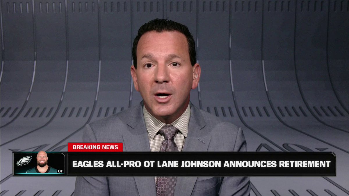 A sports broadcaster in a gray suit delivers breaking news on ESPN about Philadelphia Eagles All-Pro offensive tackle Lane Johnson's retirement after 14 seasons, as indicated by the on-screen chyron reading "EAGLES ALL-PRO OT LANE JOHNSON ANNOUNCES RETIREMENT" with an accompanying image of Johnson in his Eagles uniform.