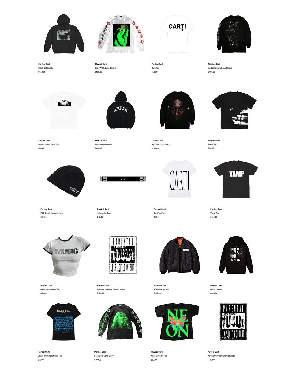 Kurrco's tweet photo. Some of Playboi Carti’s most iconic merch is available online again, including pieces from the Neon Tour and Whole Lotta Red era 👀 https://t.co/gm50Poy8Hn
