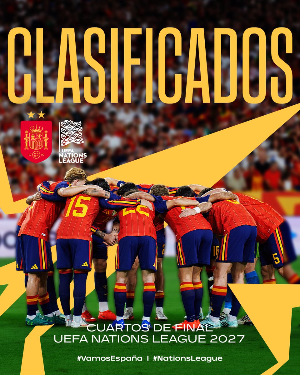 SEFutbol's tweet photo. Cuatro partidos, cuatro triunfos y a cuartos.

✅ Misión cumplida.

¡¡𝗖𝗟𝗔𝗦𝗜𝗙𝗜𝗖𝗔𝗗𝗢𝗦!!

#VamosEspaña | #NationsLeague https://t.co/fOYrbBIddM