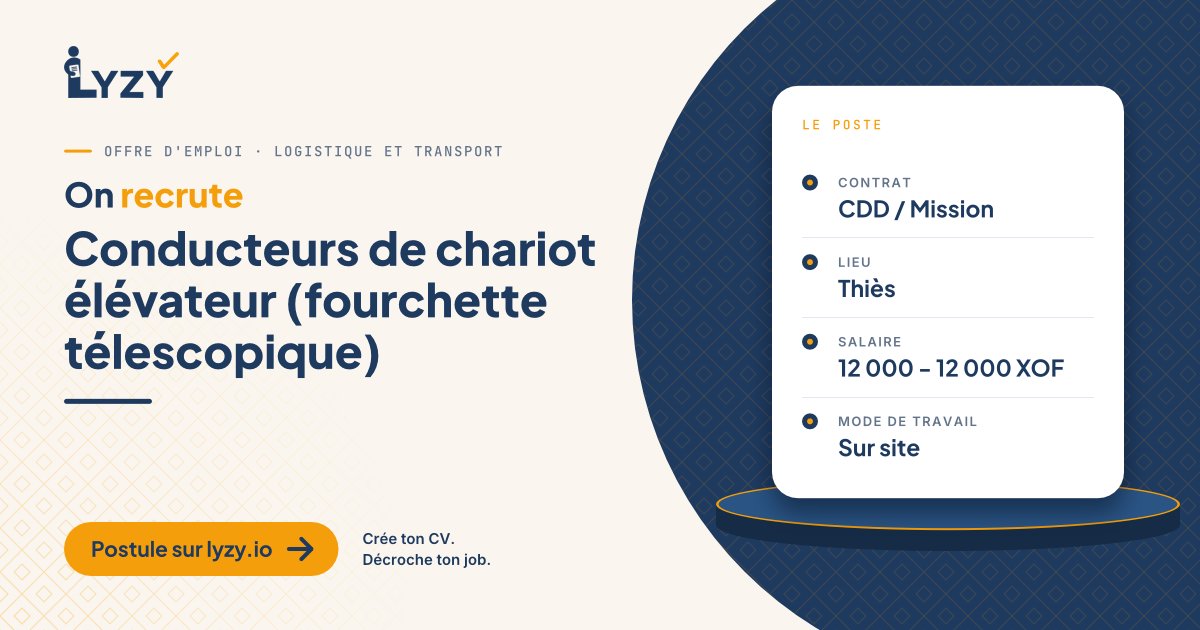 Lyzy_io's tweet photo. Thiès : recrutement urgent de conducteurs de chariot élévateur. Mission d'une semaine, 12 000 F CFA/jour, permis C/C1 et CACES.
https://t.co/wzlu7tWm2A #Emploi https://t.co/AtwzN2bPgp