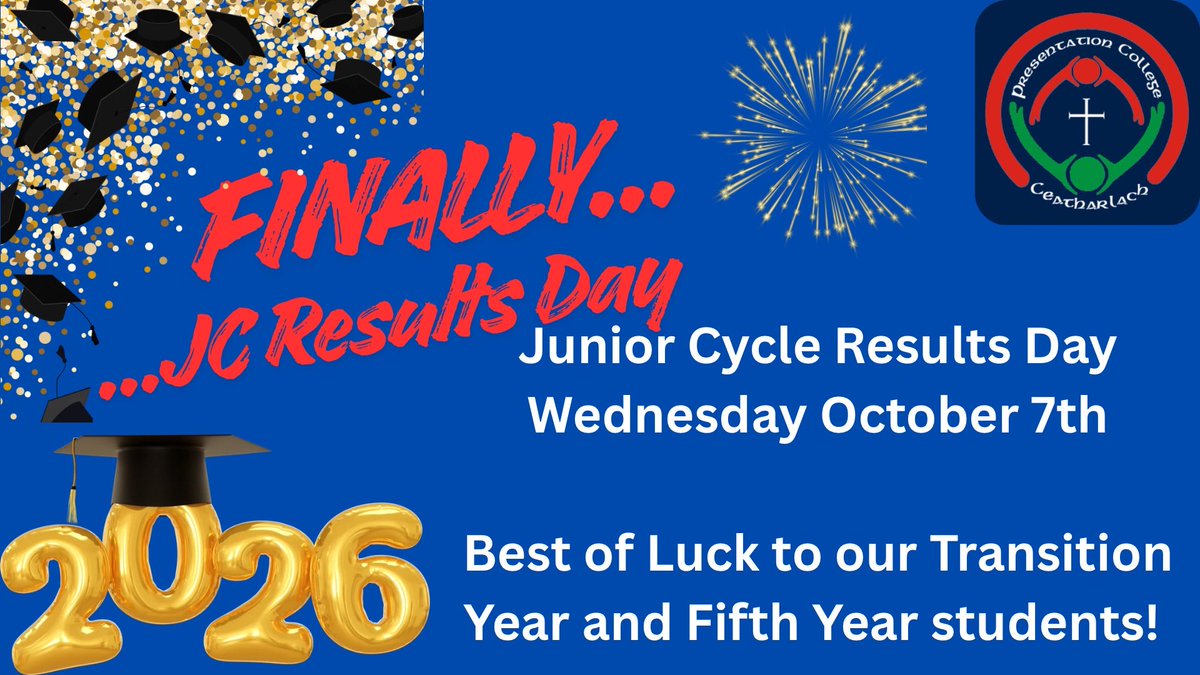 Pres_Carlow's tweet photo. 🌟Wishing all of our Fifth Year and Transition Year @Pres_Carlow students all the very best as they look forward to receiving their Junior Cycle results in school or online tomorrow. Check Teams for details. @CeistTrust https://t.co/X9pkmvPPaR