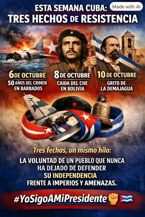 borisep646's tweet photo. 6 de octubre: A 50 años del crimen de Barbados. Recordamos a las víctimas de un acto terrorista 
8 de octubre: La caída del Che en Bolivia. Un ejemplo de internacionalismo
10 de octubre: El Grito de La Demajagua. El inicio de nuestras guerras de independencia https://t.co/4XRu24KXah