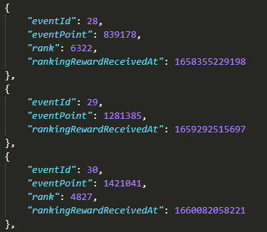 amia_dev's tweet photo. @stiIIvivid LMAO you're unlucky, they messed up the data for specifically that event years ago (see the missing rank field)

At least you still got the highest reward https://t.co/ZUsLpVU5uj