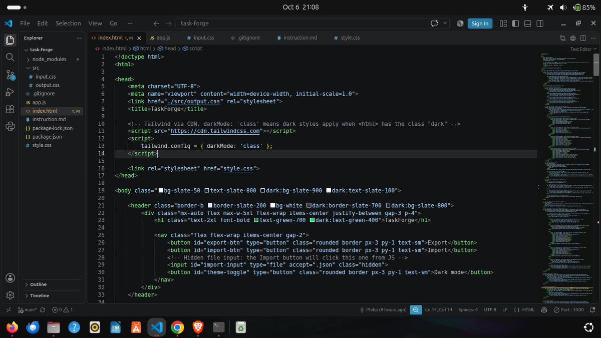phil_builds's tweet photo. Day 90 of @blockfuselabs 200 Days of Code. Today I began my task of building taskforge. I built the html and used tailwind to style. I assigned id's - getting ready for DOM manipulation. 110 days to go.🔨#buildinpublic #tailwind #webdevelopment #200daysofcode #day90 https://t.co/cHXDStiFfI