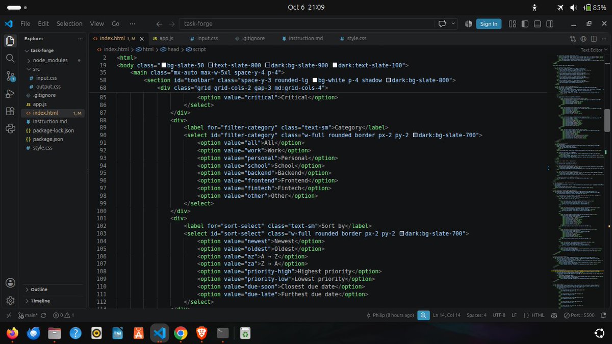 phil_builds's tweet photo. Day 90 of @blockfuselabs 200 Days of Code. Today I began my task of building taskforge. I built the html and used tailwind to style. I assigned id's - getting ready for DOM manipulation. 110 days to go.🔨#buildinpublic #tailwind #webdevelopment #200daysofcode #day90 https://t.co/cHXDStiFfI