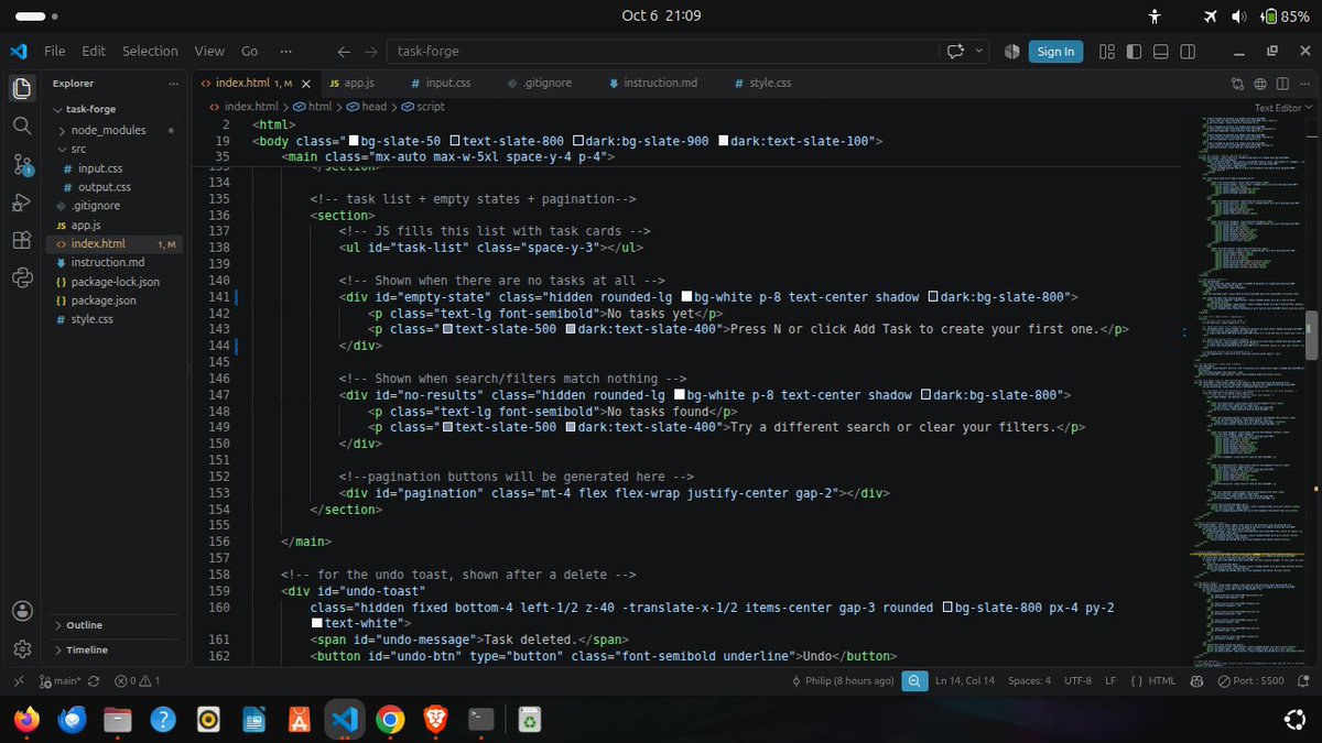 phil_builds's tweet photo. Day 90 of @blockfuselabs 200 Days of Code. Today I began my task of building taskforge. I built the html and used tailwind to style. I assigned id's - getting ready for DOM manipulation. 110 days to go.🔨#buildinpublic #tailwind #webdevelopment #200daysofcode #day90 https://t.co/cHXDStiFfI