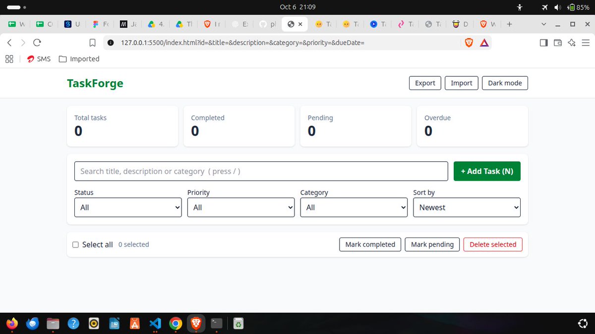 phil_builds's tweet photo. Day 90 of @blockfuselabs 200 Days of Code. Today I began my task of building taskforge. I built the html and used tailwind to style. I assigned id's - getting ready for DOM manipulation. 110 days to go.🔨#buildinpublic #tailwind #webdevelopment #200daysofcode #day90 https://t.co/cHXDStiFfI