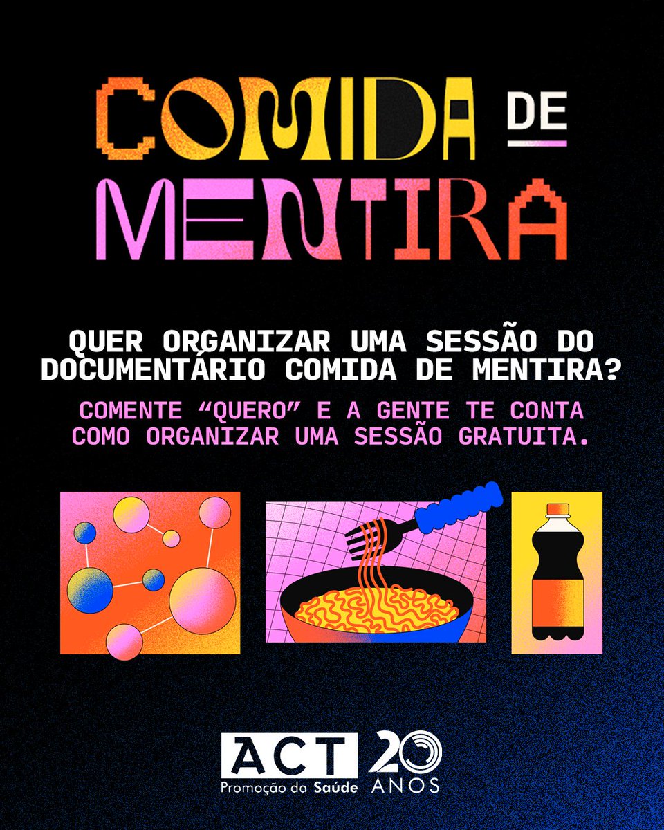 actbr's tweet photo. 🗓️ 16 de outubro é o Dia Mundial da Alimentação. Que tal marcar a data com uma sessão gratuita do documentário Comida de Mentira?

O filme revela como as estratégias das indústrias influenciam o que comemos e os impactos desse sistema para a saúde.

📽️ Leve o filme para sua escola, universidade, coletivo, organização ou comunidade. Organize uma sessão: https://t.co/F98atyaGF0