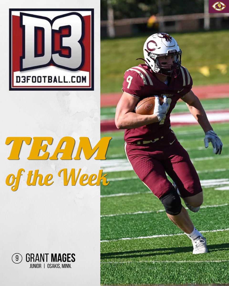 CobberSID's tweet photo. CONGRATS to junior tight end Grant Mages who was named to the Week 5 https://t.co/iOFNe2Rn7X Team of the Week! Mages scored 3 TD's in the Cobbers win over St. Scholastica last Saturday. 🌽🏈 https://t.co/VVnGUNe503