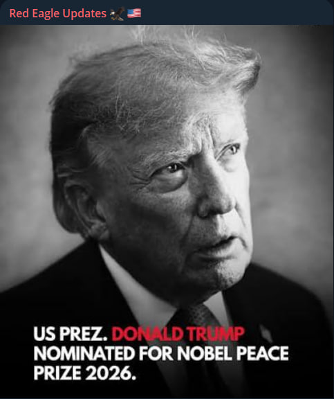 RedEagleUpdates's tweet photo. 🚨BOOM:

President Trump has been nominated for the 2026 Nobel Peace Prize.

Do you think he deserves it?

YES or NO? https://t.co/sXD4BMgkSa