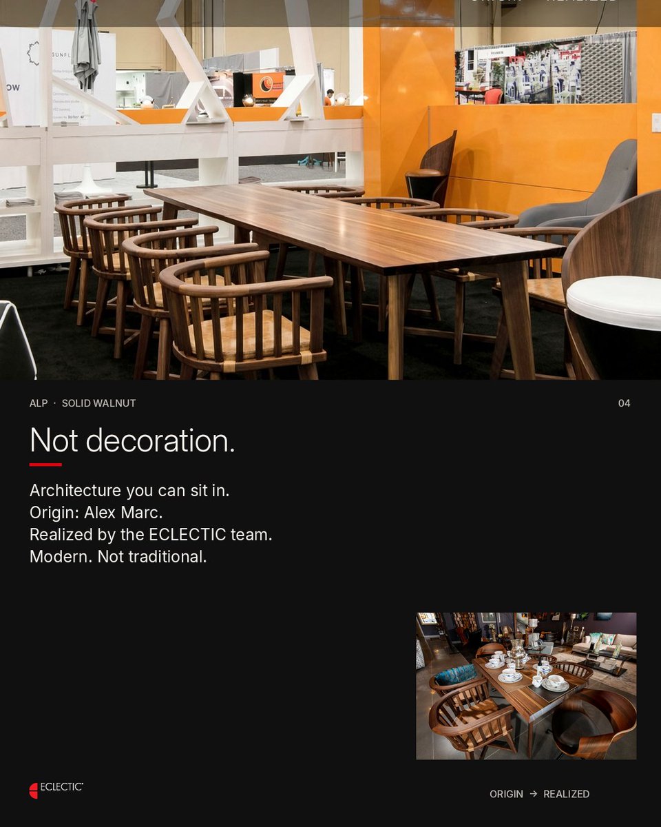 Eclecticfacts's tweet photo. ECLECTIC®
ORIGIN → REALIZED
We create our own ideas.
We also solve yours.
ECLECTIC® COLLECTIONS
A POINT OF VIEW, REALIZED.
#ALP #SolidWalnut #Eclectic #OriginRealized #DesignedToAdapt #ModernNotTraditional #NotDecoration #ArchitectureYouCanSitIn #AlexMarc #ContractFurniture #InteriorArchitecture #DesignSpecification #ArchitectsOfInstagram #HighEndInteriors