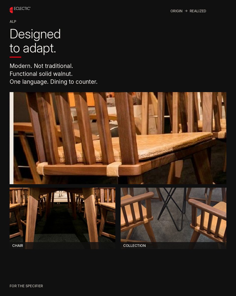 Eclecticfacts's tweet photo. ECLECTIC®
ORIGIN → REALIZED
We create our own ideas.
We also solve yours.
ECLECTIC® COLLECTIONS
A POINT OF VIEW, REALIZED.
#ALP #SolidWalnut #Eclectic #OriginRealized #DesignedToAdapt #ModernNotTraditional #NotDecoration #ArchitectureYouCanSitIn #AlexMarc #ContractFurniture #InteriorArchitecture #DesignSpecification #ArchitectsOfInstagram #HighEndInteriors